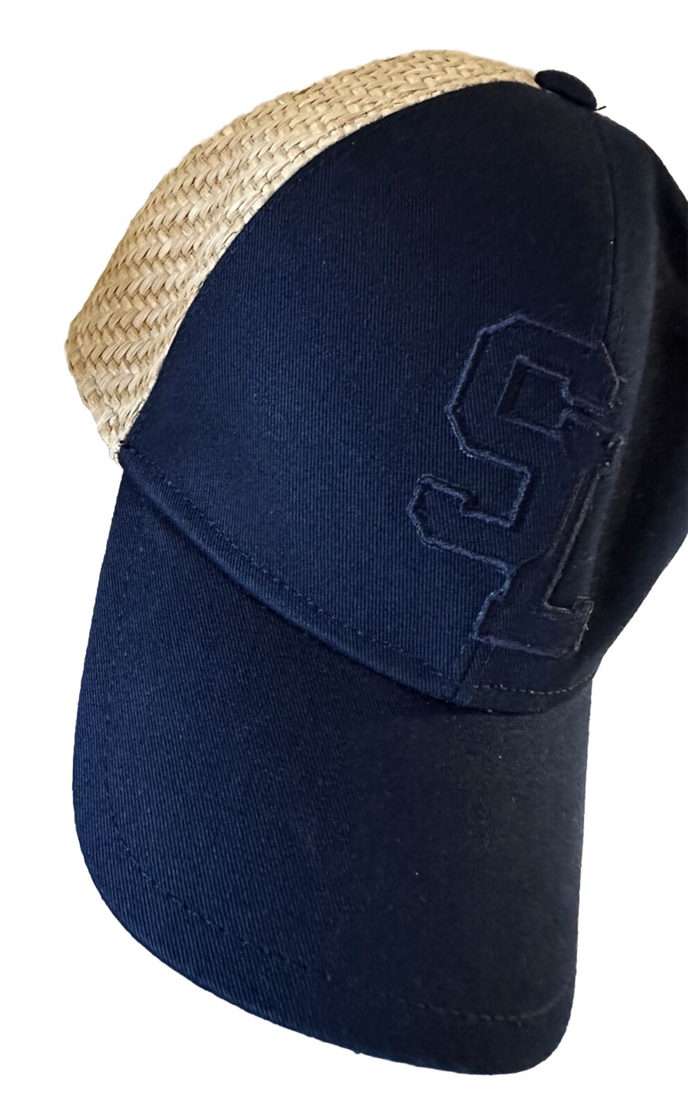 NWT Saint Laurent SL Baseball cotton/canvas/Raffia cap Navy/Brown Size 57 ( M )