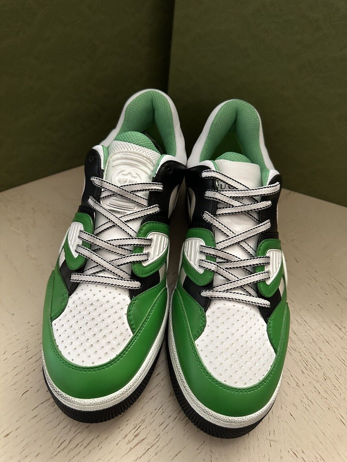 New $950 Gucci Men Demetra Basket Low Top Sneakers Green/Whi 8.5 US/8 UK 697882