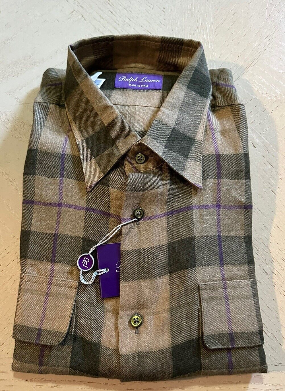 NWT $495 Ralph Lauren Purple Label Men Linen Shirt Olive XL Italy