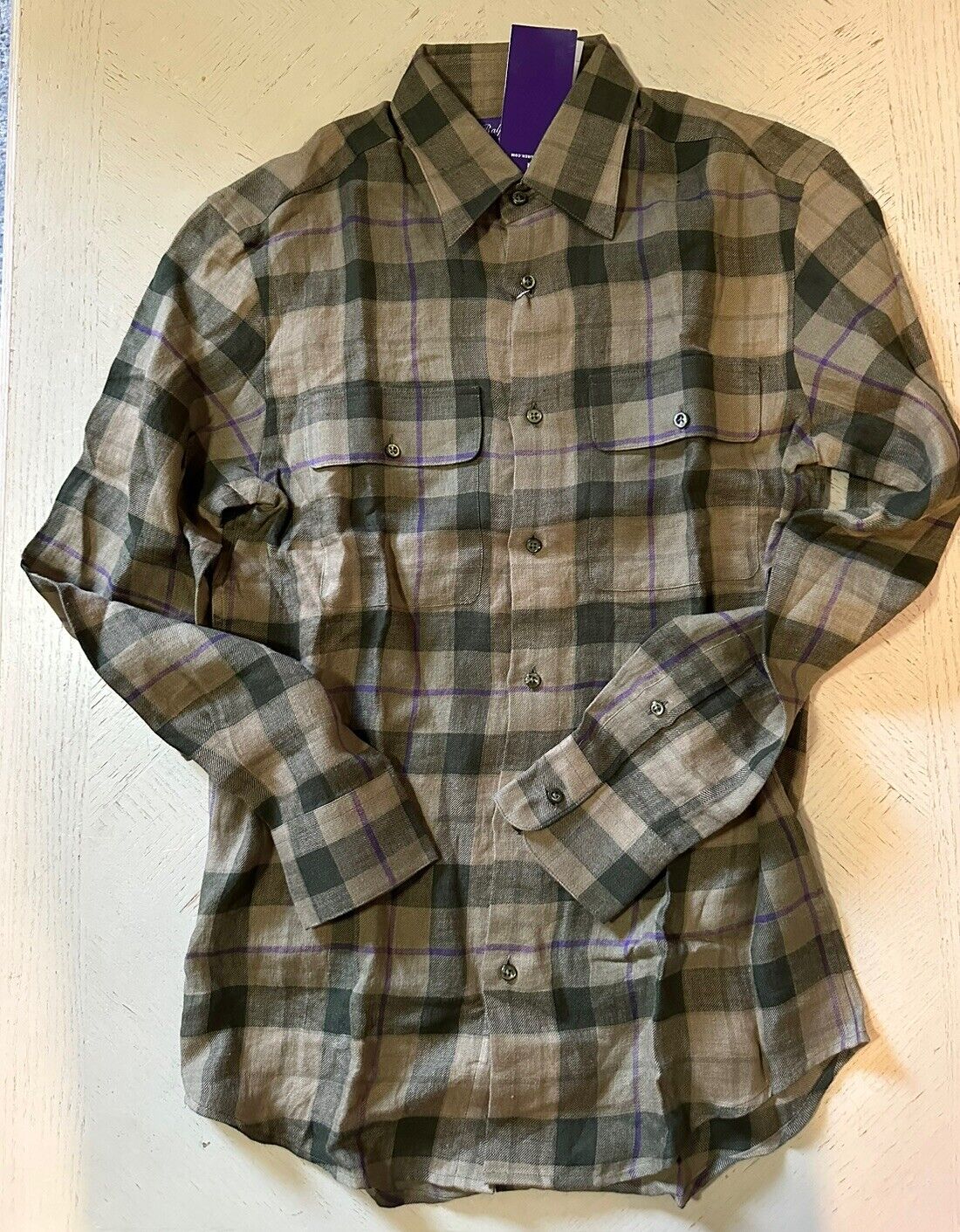 NWT $495 Ralph Lauren Purple Label Men Linen Shirt Olive XL Italy