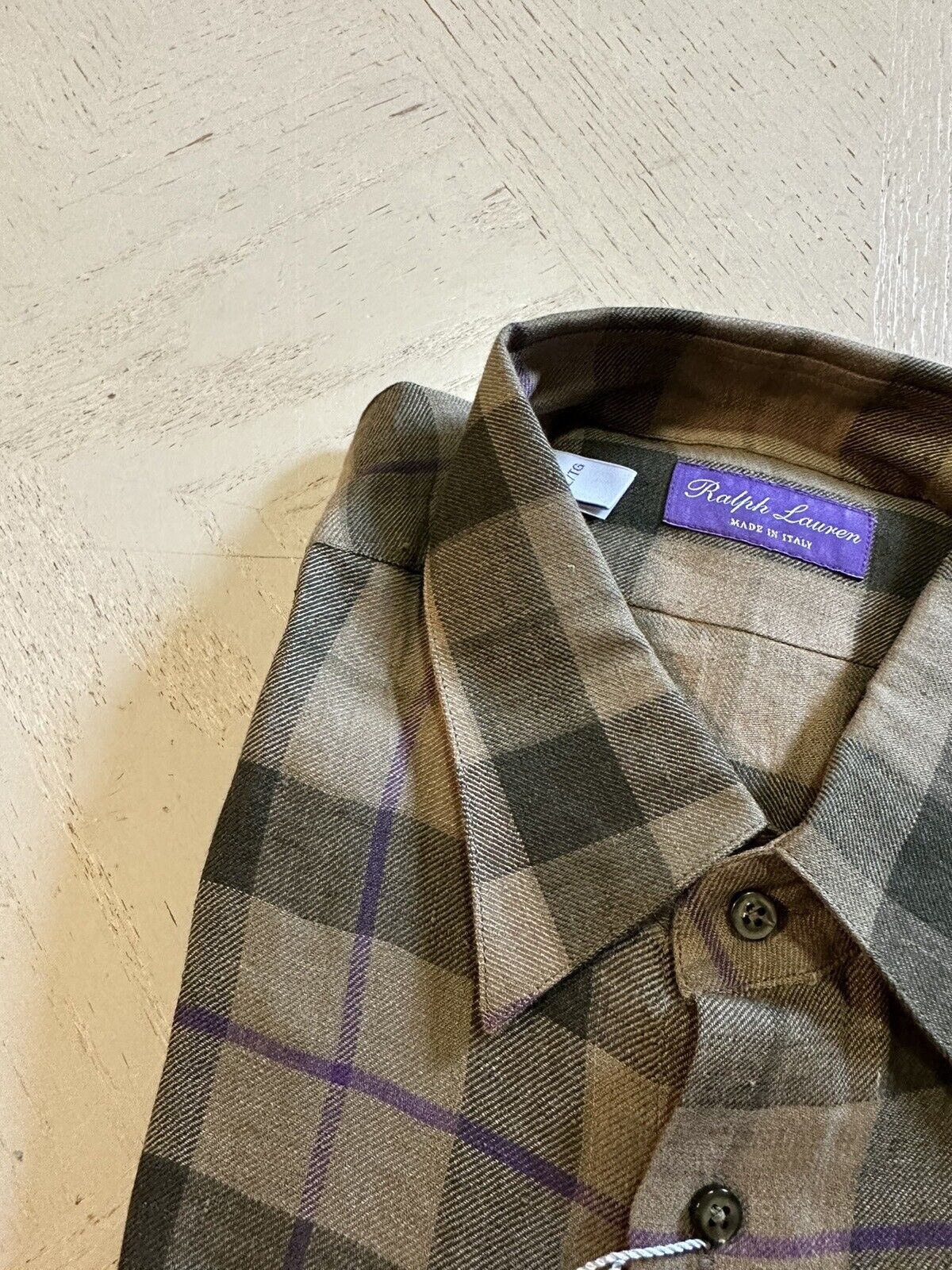 NWT $495 Ralph Lauren Purple Label Men Linen Shirt Olive XL Italy