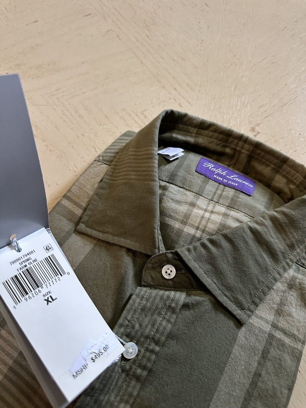 NWT $495 Ralph Lauren Purple Label Men Shirt Farm Olive XL Italy