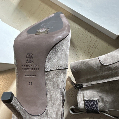 NIB $1795 Brunello Cucinelli Suede Monili-Embellished Ankle Boots Tan 11 US/41 E