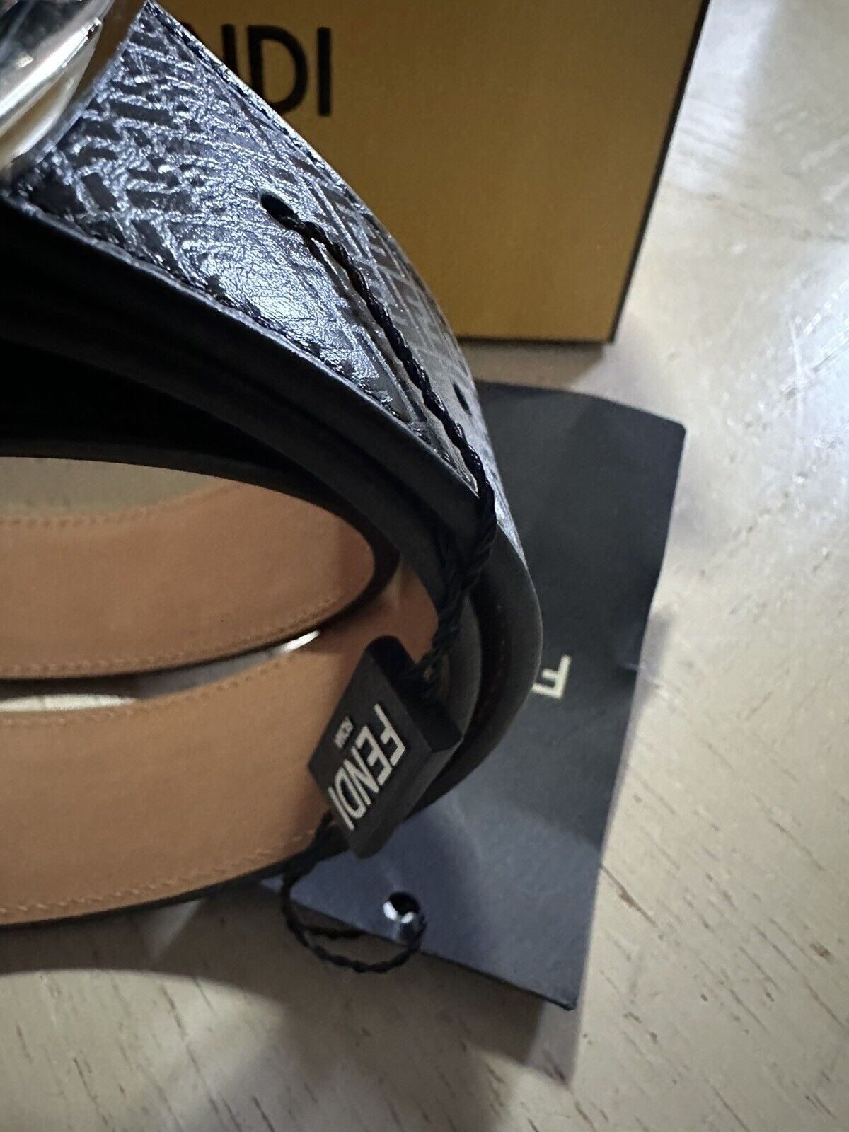 New $590 Fendi Men FF Logo Leather Belt Gray/Black 38/95