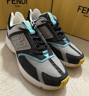 NIB $1100 Fendi Men FF Logo Leather Athletic Light Sneakers Charcoal 13 US/12 UK