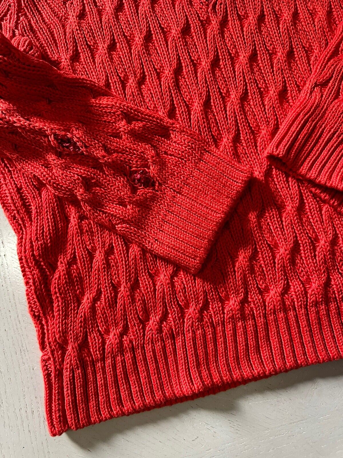 New $3350 Loro Piana Women Valencia Cabled Cotton Sweater Orange Size L Italy