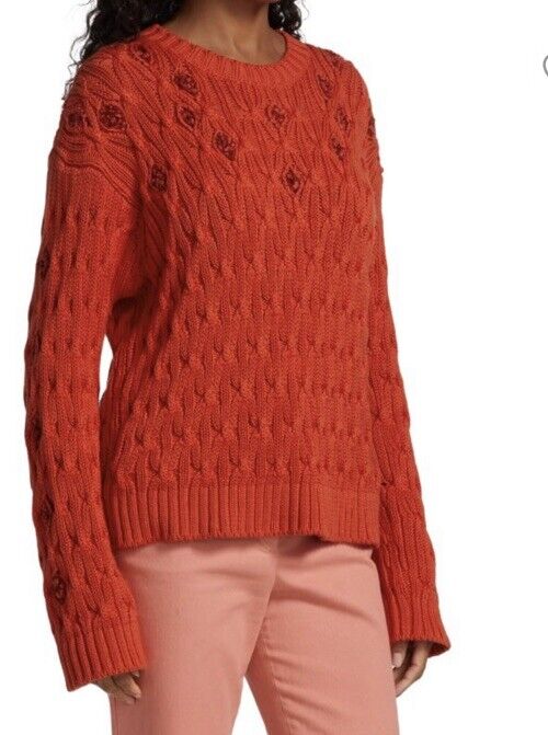 New $3350 Loro Piana Women Valencia Cabled Cotton Sweater Orange Size M Italy