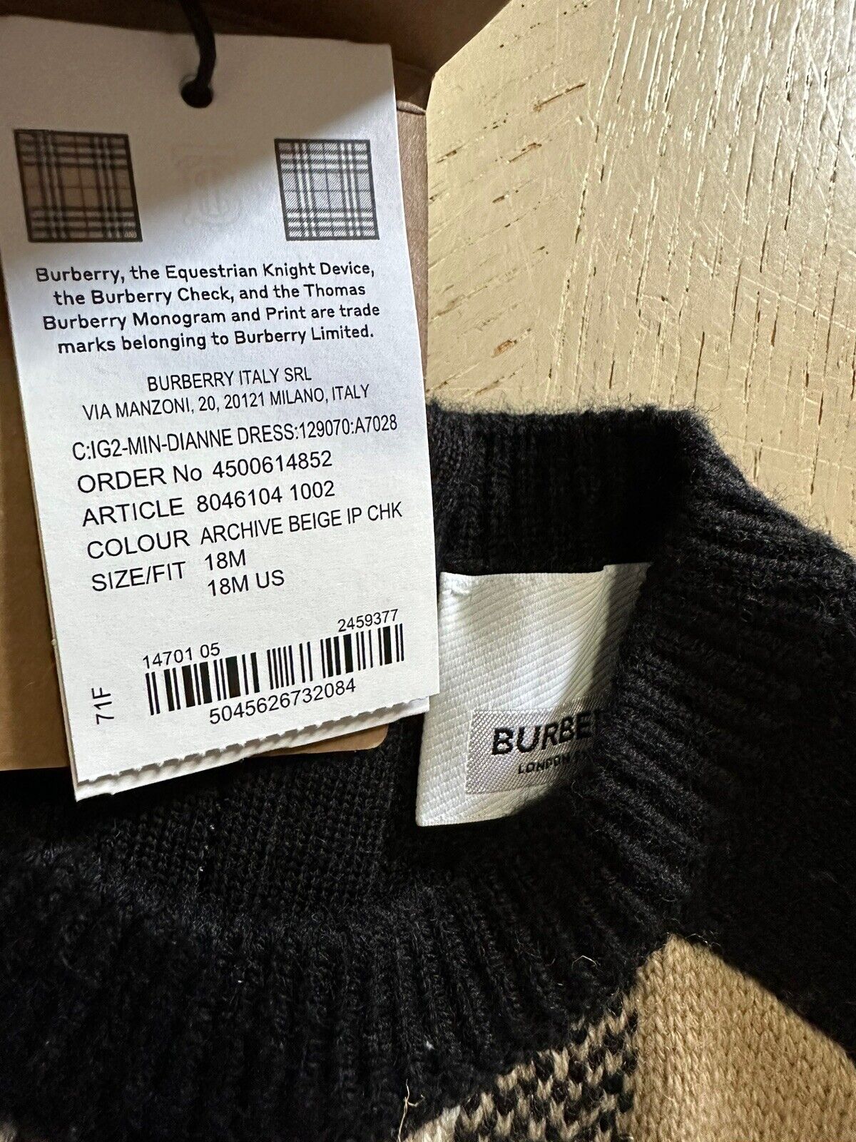 New Burberry Baby Girls Cashmere Blend Sweater Dress Black/Beige/Multi Size 18 M