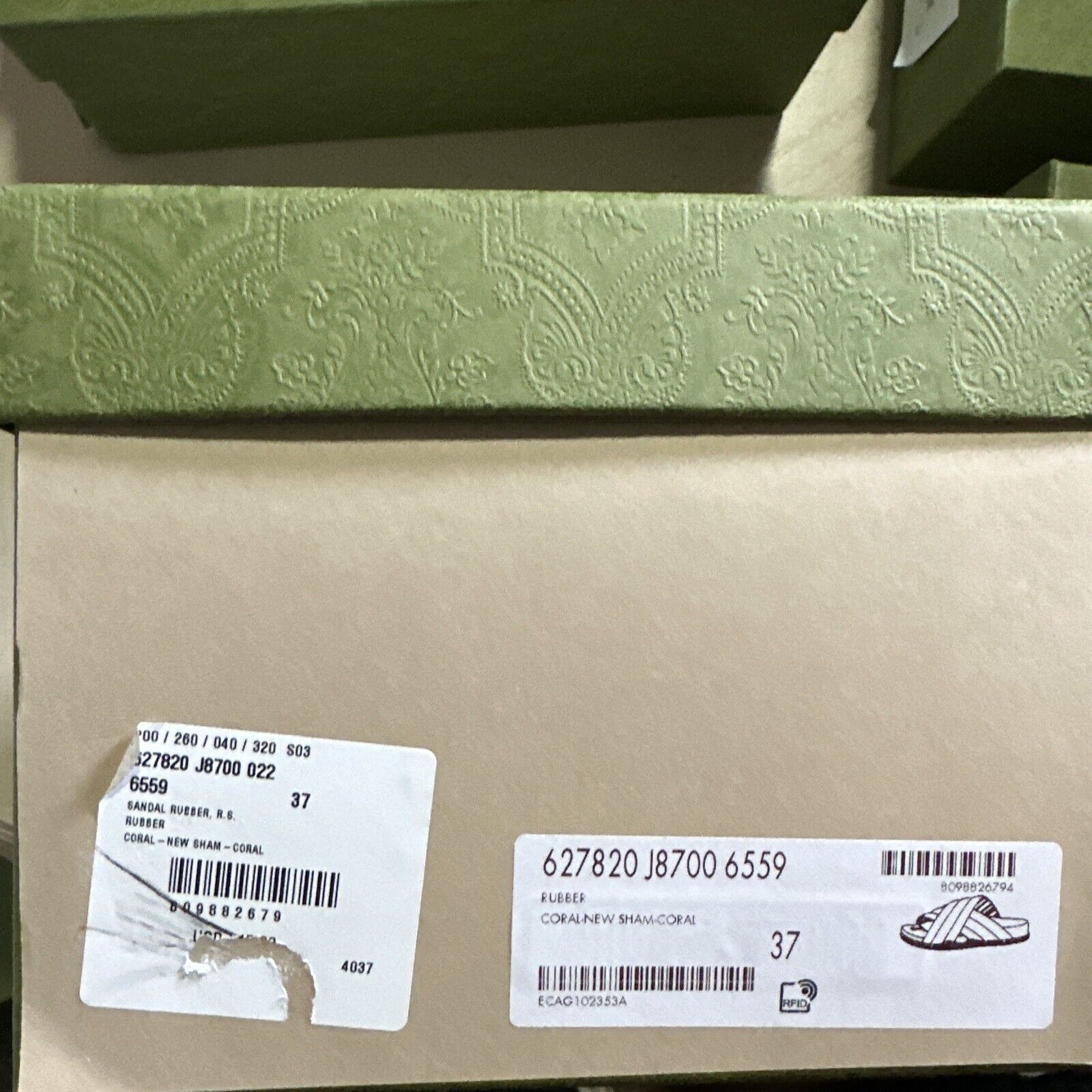 NIB Gucci Women’s Sandal Shoes LT Red/Green 7 US ( 37 Eu ) 627820