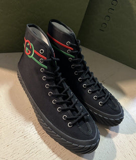 New $750 Gucci Men Canvas High-top Sneakers Black 9 US/8.5 UK 703033