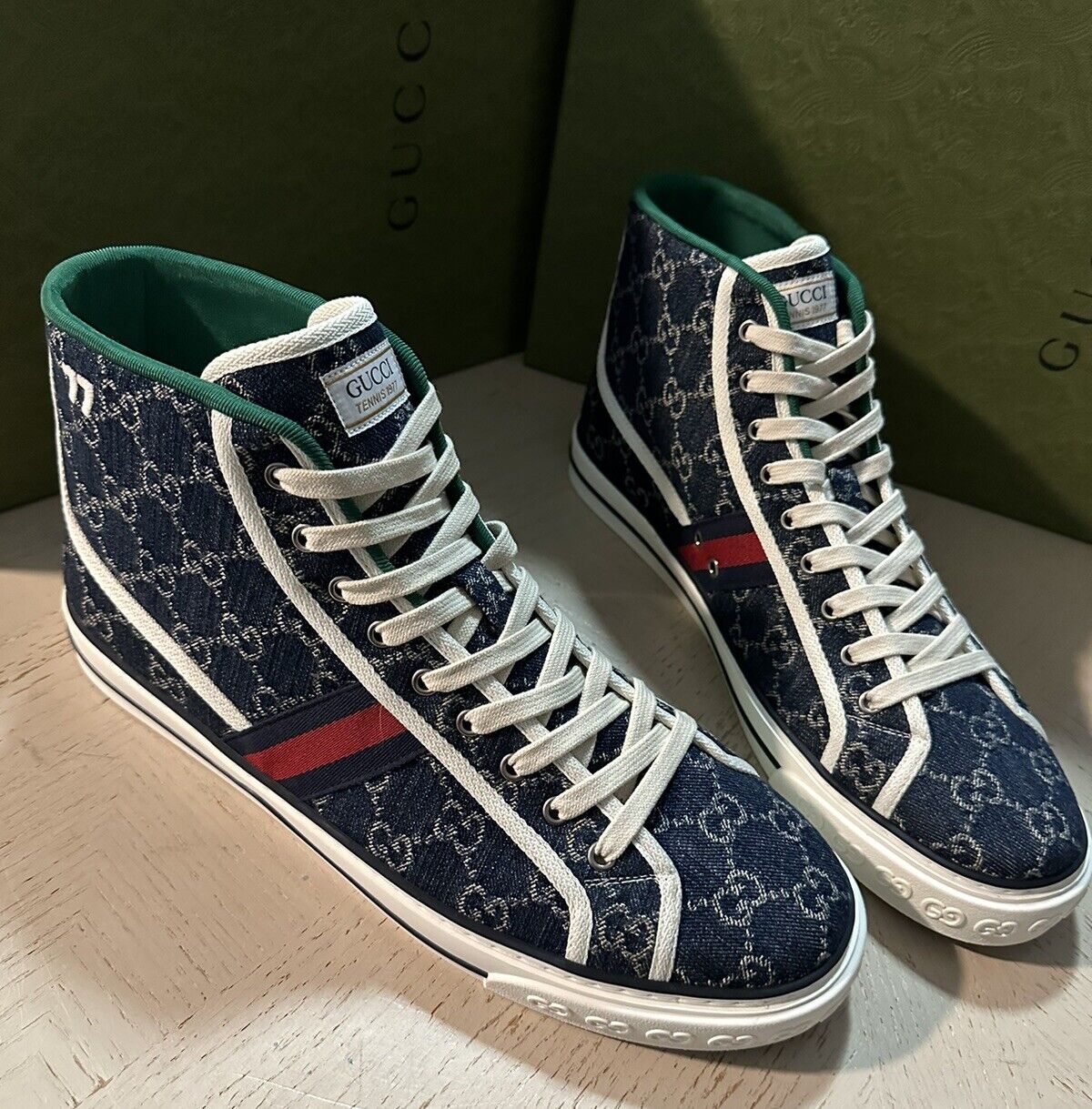 New Gucci Men GG Logo Canvas High-top Sneakers Blue 13 US/12.5 UK 625807