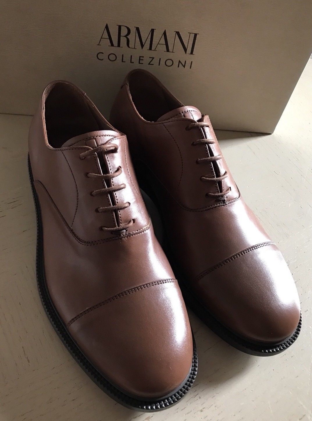 New $675 Armani Collezioni Mens Leather Oxford Shoes Brown 8.5 US X6C050 Italy - BAYSUPERSTORE