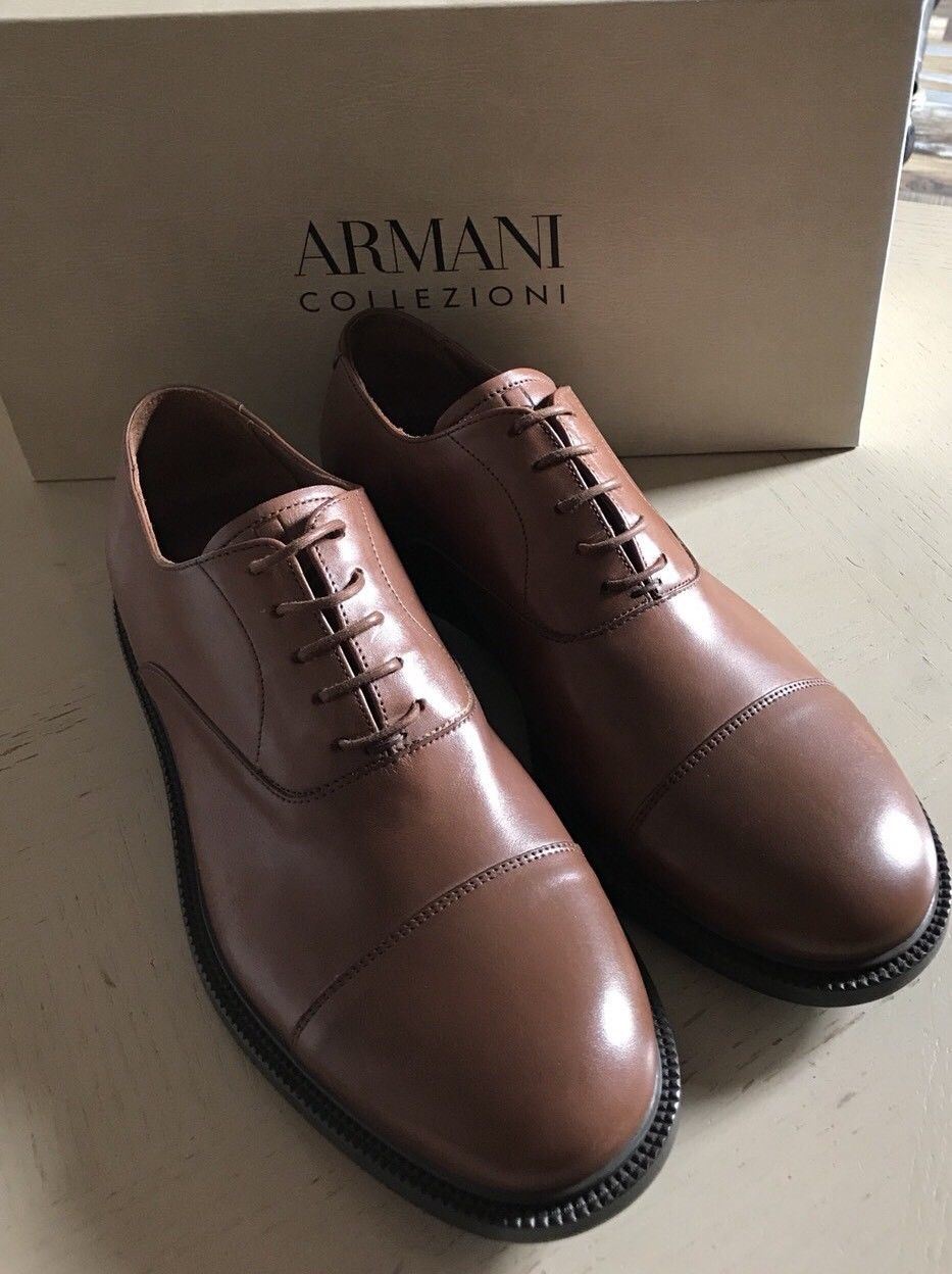 New $675 Armani Collezioni Mens Leather Oxford Shoes Brown 8.5 US X6C050 Italy - BAYSUPERSTORE