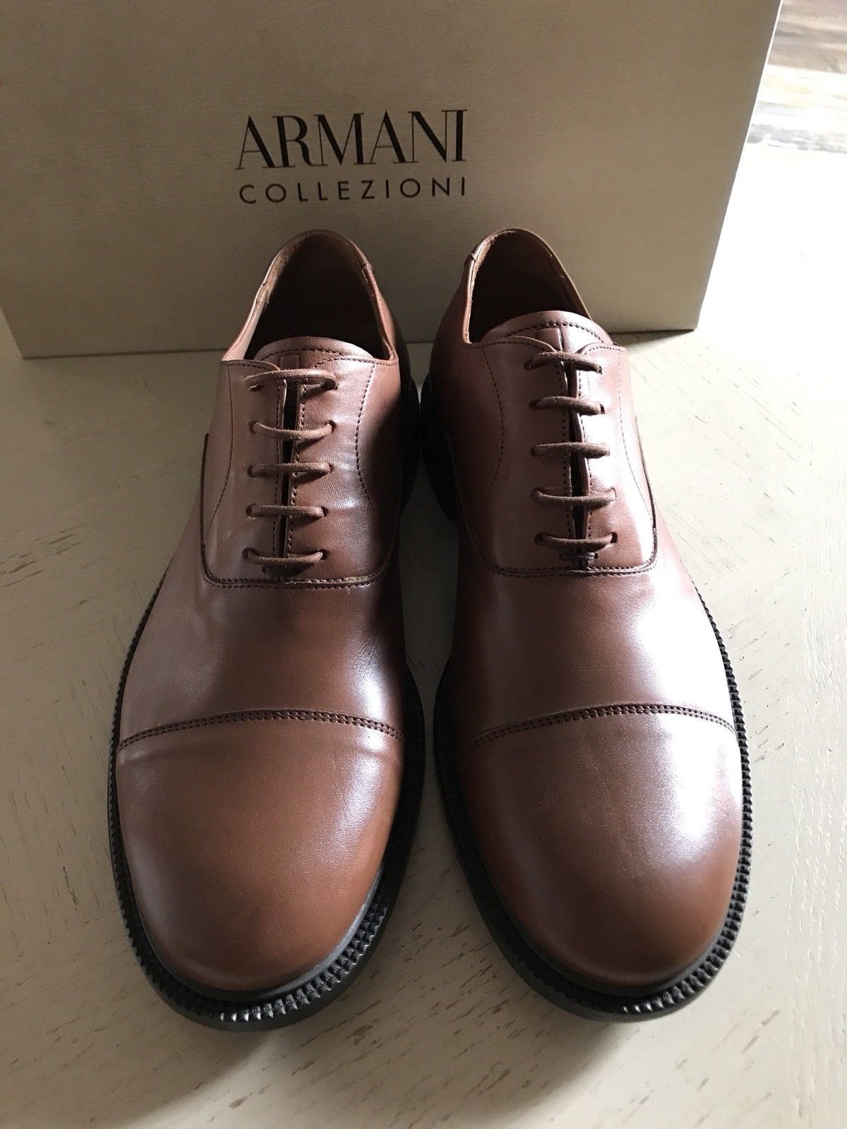 New $675 Armani Collezioni Mens Leather Oxford Shoes Brown 8.5 US X6C050 Italy - BAYSUPERSTORE