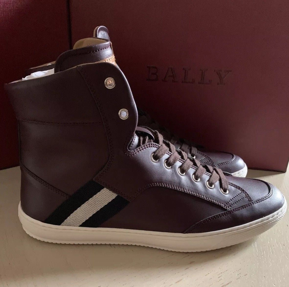New $650 Bally Men Oldani Leather High-Top Sneakers Color Merlot 8 US Italy
