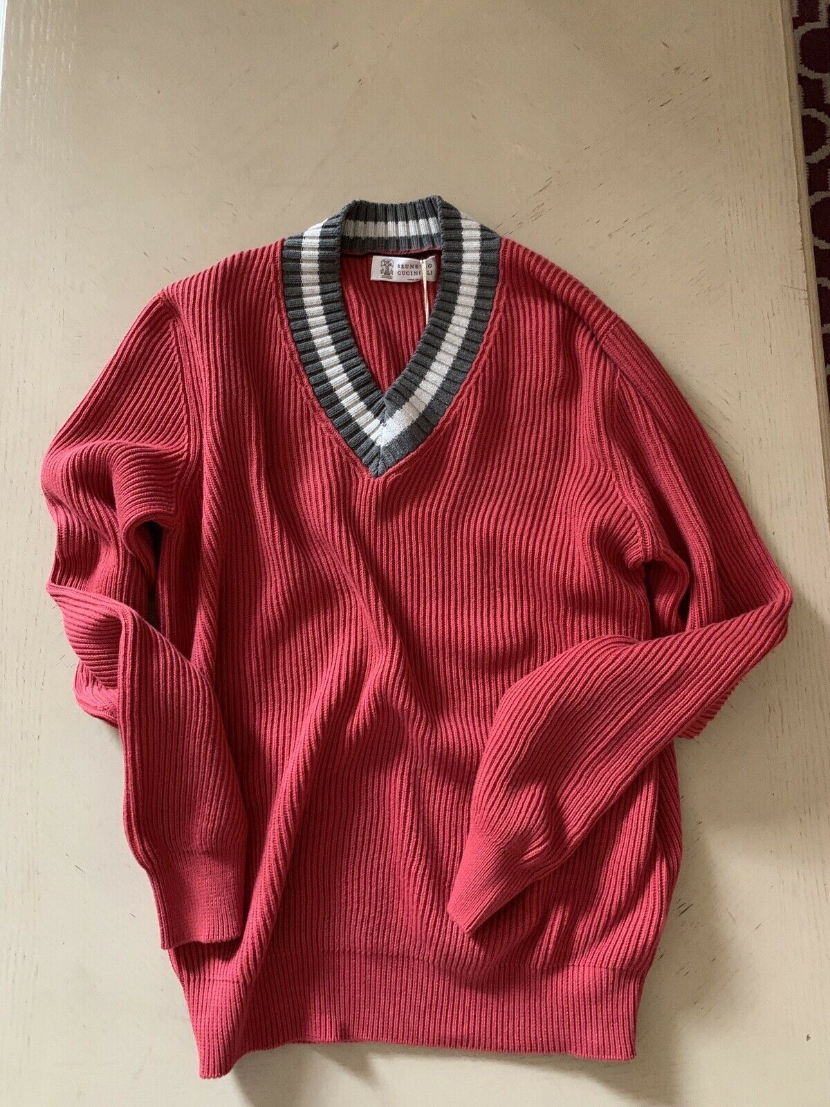 New $845 Brunello Cucinelli Men V-Neck Sweater Strawberry Red M ( 48 Eu ) Italy