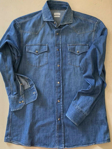NWT $795 Brunello Cucinelli Mens Jeans Western Shirt Leisure Fit Blue XL Italy