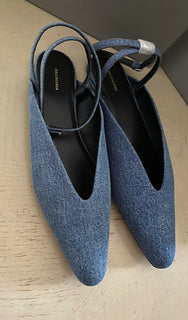NIB $ 650 Balmain Damen Anjle-Strap Denim Flats Schuhe Blau 9 US ( 39 Eu ) Italien