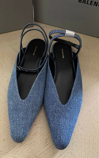 NIB $ 650 Balmain Damen Anjle-Strap Denim Flats Schuhe Blau 9 US ( 39 Eu ) Italien