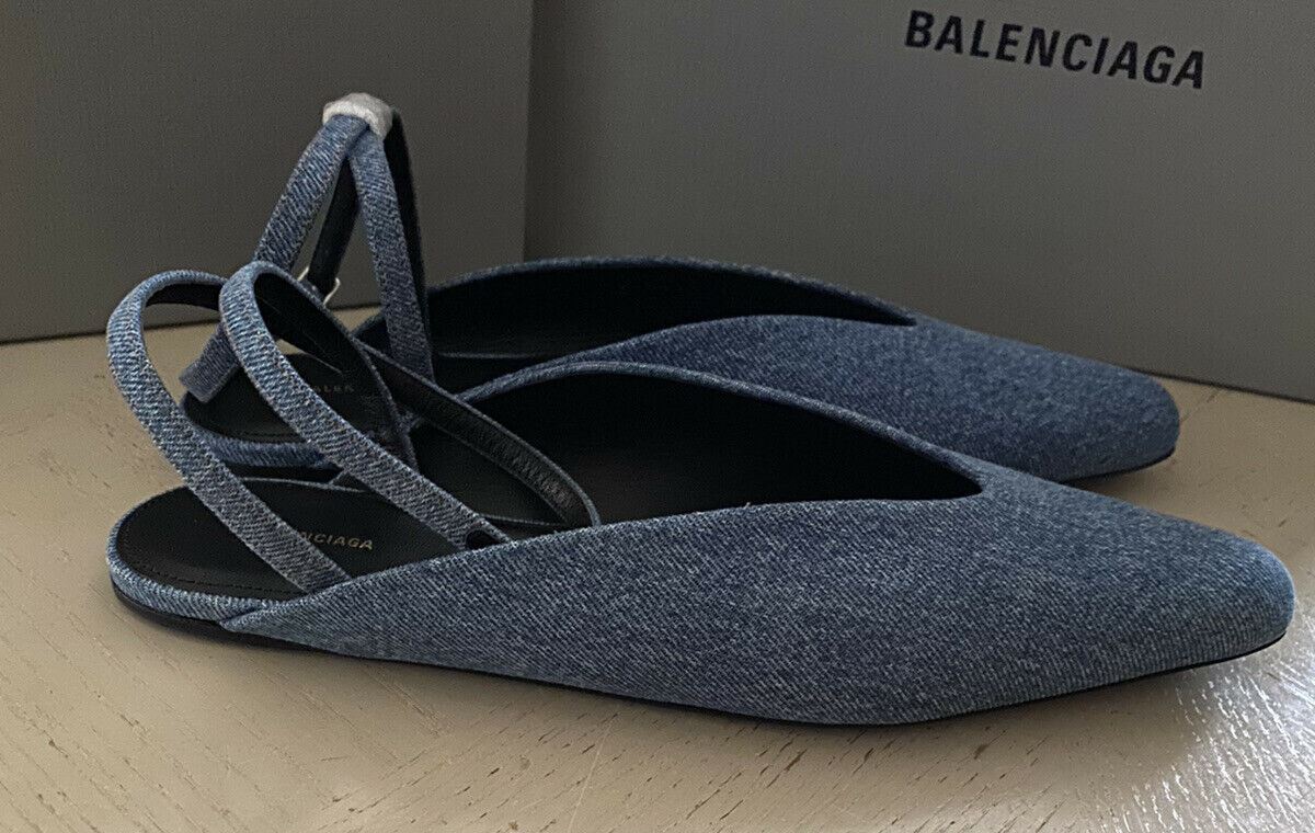 NIB $650 Balmain Women Anjle-Strap Denim Flats Shoes Blue 9 US ( 39 Eu ) Italy