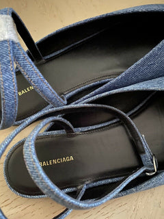 NIB $ 650 Balmain Damen Anjle-Strap Denim Flats Schuhe Blau 9 US ( 39 Eu ) Italien