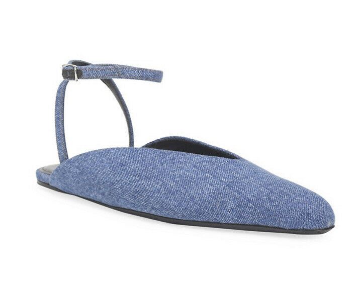 NIB $650 Balmain Women Anjle-Strap Denim Flats Shoes Blue 9 US ( 39 Eu ) Italy