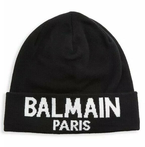 Neu mit Etikett: 520 $ Balmain Logo Beanie Mütze Schwarz/Weiß Einheitsgröße