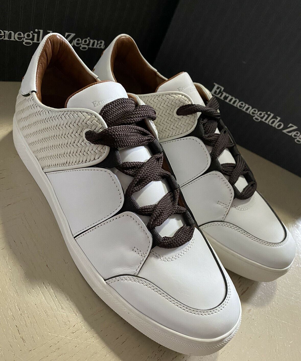 Neue 995 $ Ermenegildo Zegna Couture Leder-Sneakers Schuhe Weiß 11 US Italien