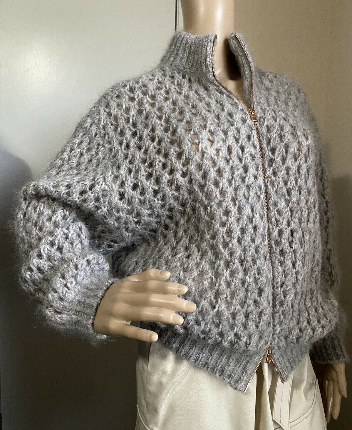 New $2145 Brunello Cucinelli Women Cashmere Mohair Cardigan Sweater Gray XL