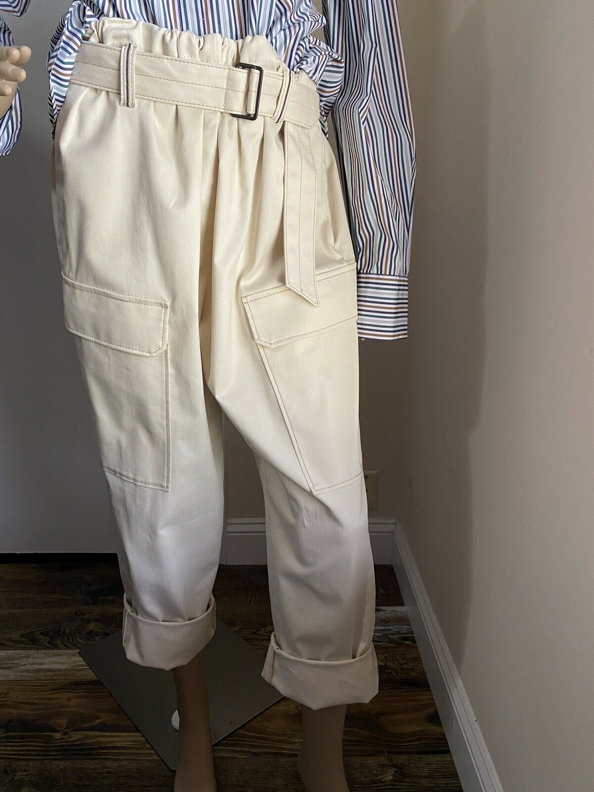 New $1525 Brunello Cucinelli Women Cargo-Style Belted Pants Ivory 8 US/44 It