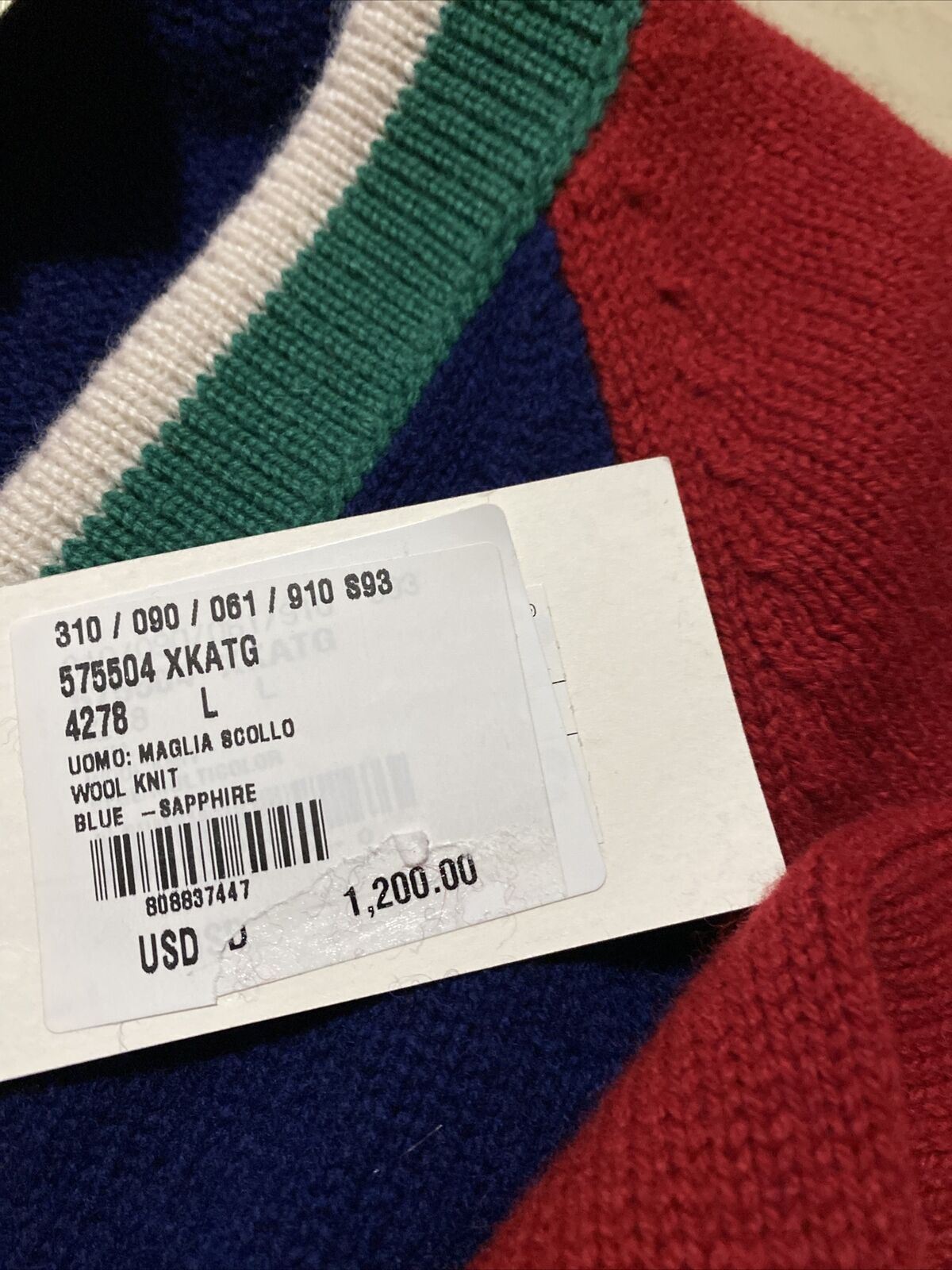 СЗТ $1200 Gucci Мужской шерстяной свитер с V-образным вырезом Красный/Синий/Зеленый L Италия