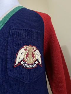 Neu mit Etikett: 1200 $ Gucci Herren-Wollpullover mit V-Ausschnitt Rot/Blau/Grün L Italien