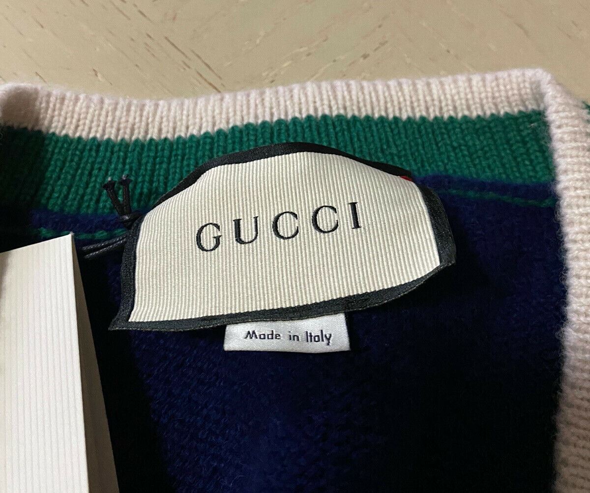 СЗТ $1200 Gucci Мужской шерстяной свитер с V-образным вырезом Красный/Синий/Зеленый L Италия