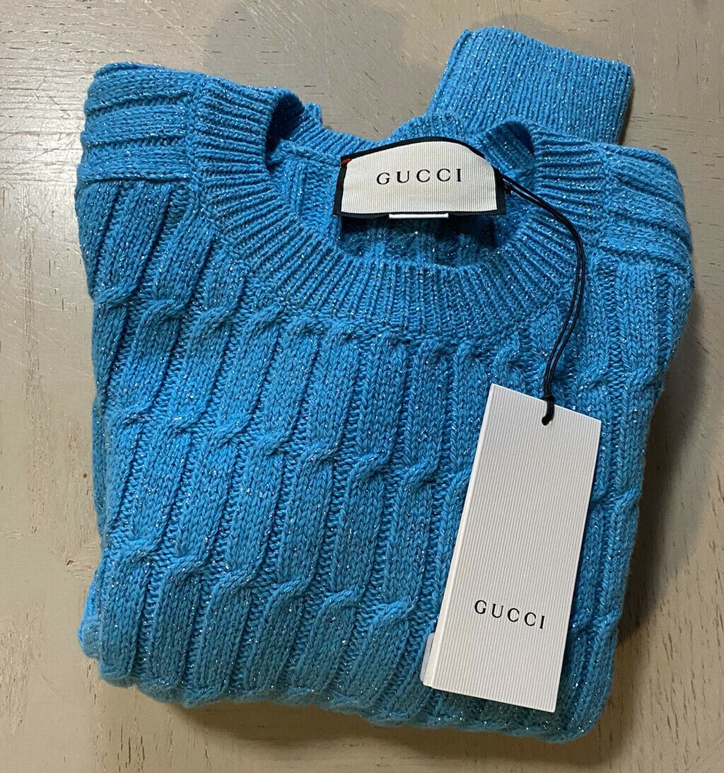 Neu mit Etikett: 1400 $ Gucci Herren-Pullover mit Rundhalsausschnitt aus Wolle/Kaschmir Azure (Blau) M Italien