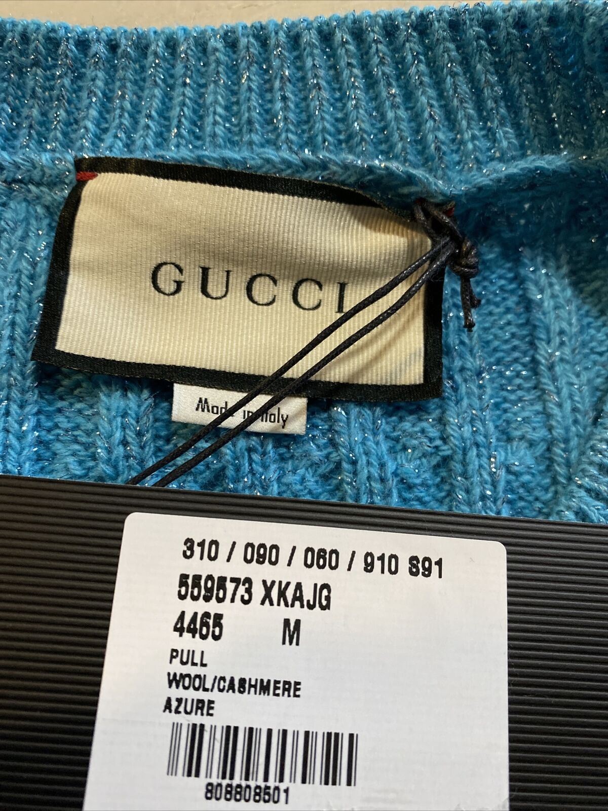 Neu mit Etikett: 1400 $ Gucci Herren-Pullover mit Rundhalsausschnitt aus Wolle/Kaschmir Azure (Blau) M Italien