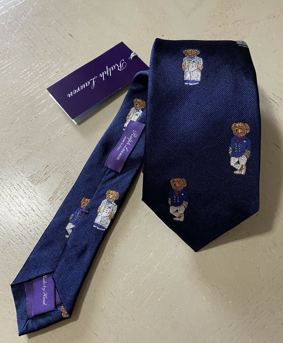New $235 Ralph Lauren Purple Label Bear Neck Tie Navy Hand made in Italy