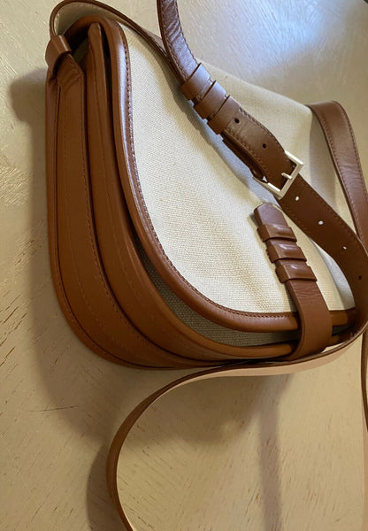 New $3200 Loro Piana Women Leather-Trim Canvas Saddle Shoulder Bag Bro ...