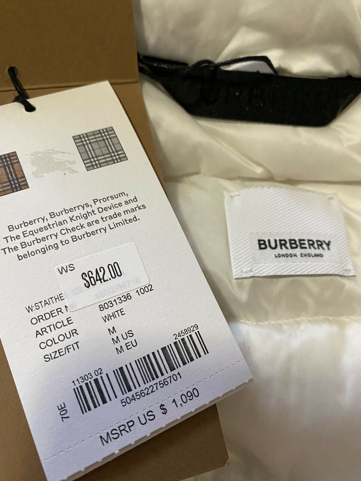 Новая женская легкая куртка-пуховик Burberry за 1090 долларов, белая, размер M