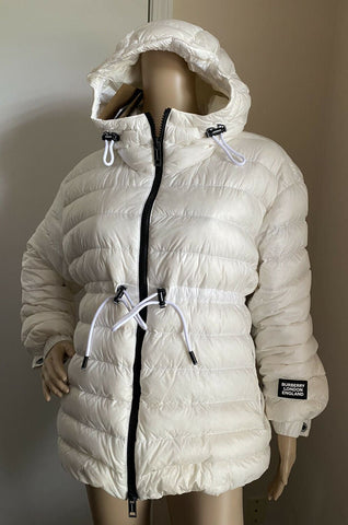 New $1090 Burberry Women Staithes Lightweight Hooded Puffer Jacket White Size M