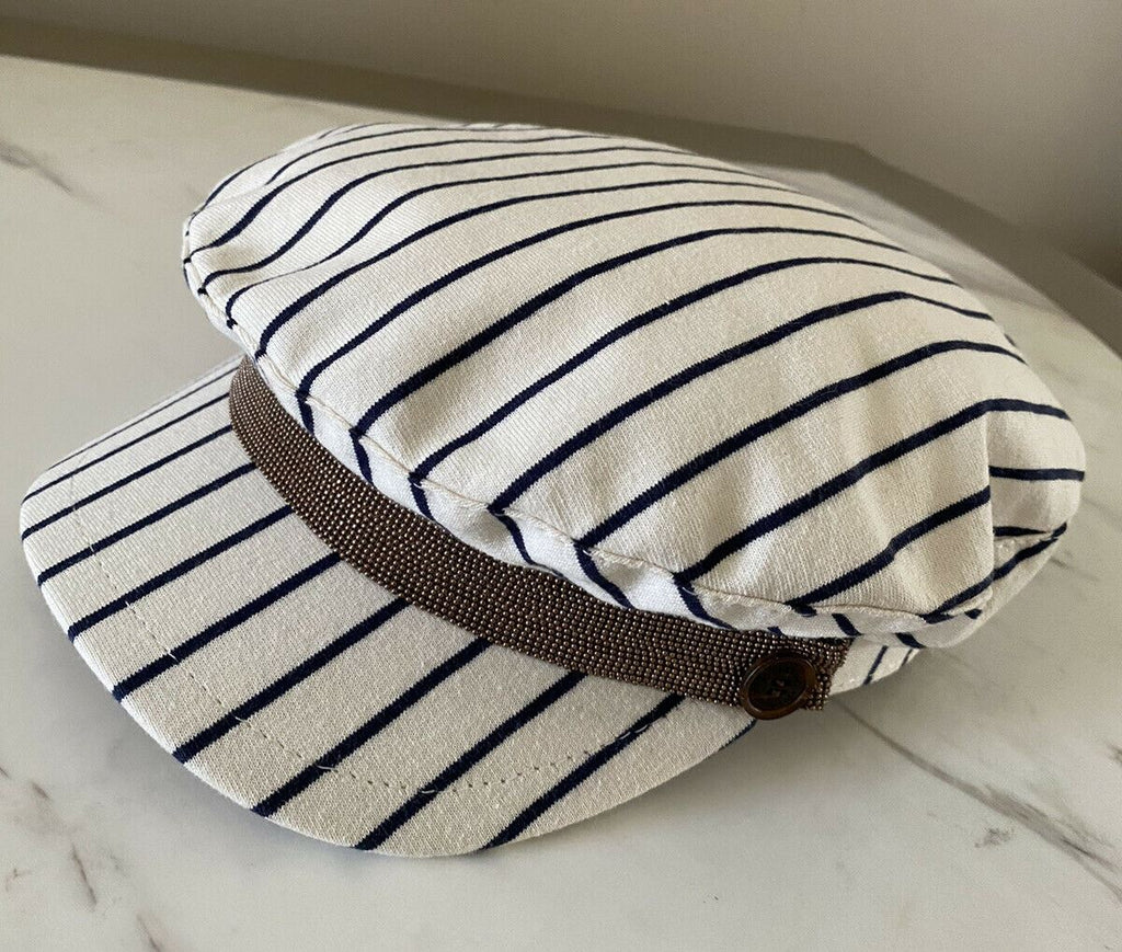 Neu mit Etikett: Brunello Cucinelli Girl Marine Cap, Hut, Weiß/Blau, Größe 6
