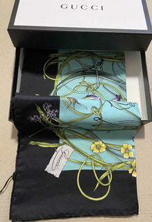 New $495 Gucci Women Flora Stage Silk shawl Scarf Black/Blue Italy