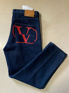 Neu mit Etikett: 1295 $ Valentino Herren-Jeans mit Logo-Tasche Blau/Rot 36 (gemessen 38) US