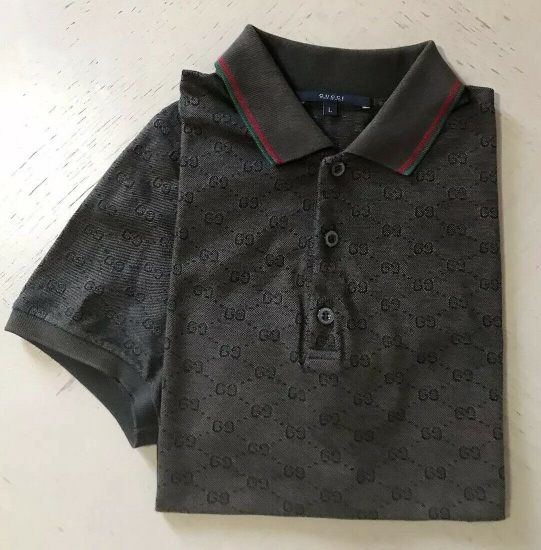 Gucci Mens Polo Shirt GG Monogram Slim Fit Brown Size L