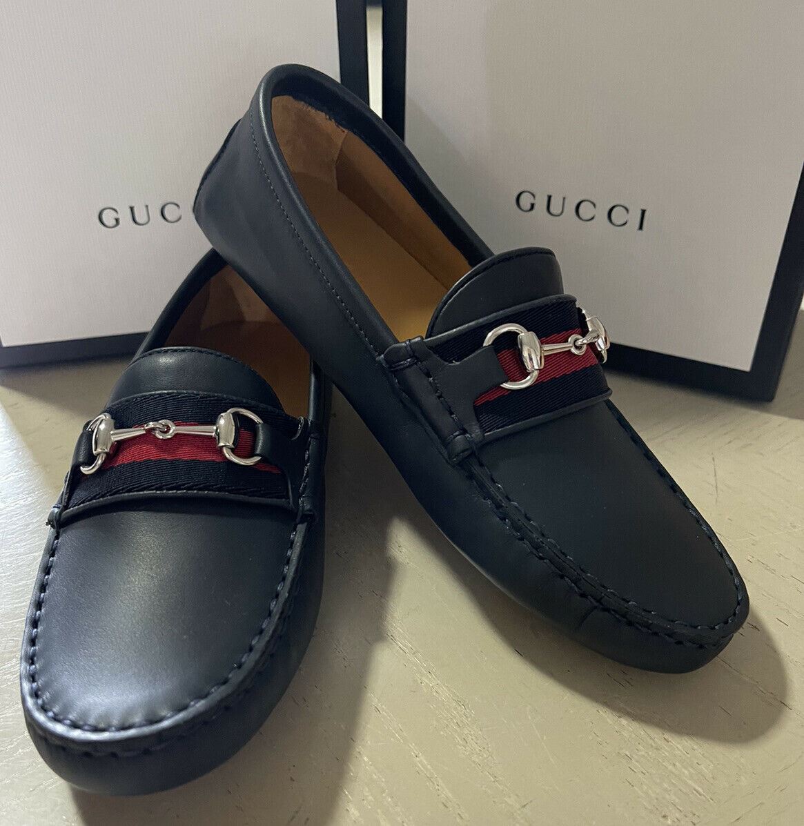NIB Gucci Детские кожаные туфли для вождения для мальчиков, черные, размер 31/13, США, 6 лет