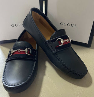 NIB Gucci Jungen Kinder Leder Fahrerschuhe Schwarz Größe 31/13 US Alter 6