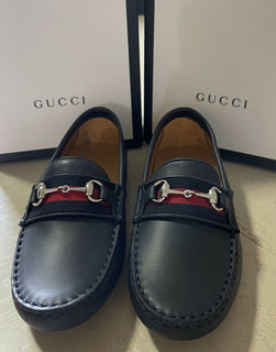 NIB Gucci Jungen Kinder Leder Fahrerschuhe Schwarz Größe 31/13 US Alter 6