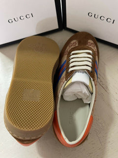 NIB Gucci Kinder Jungen GG Monogramm Wildleder/Canvas Sneakers Schuhe Braun 33/2L US Alter 7
