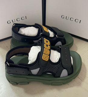 NIB $ 1100 Gucci Kinder-Leder-Sandalenschuhe Schwarz/Grün Größe 31/13 US Alter 6