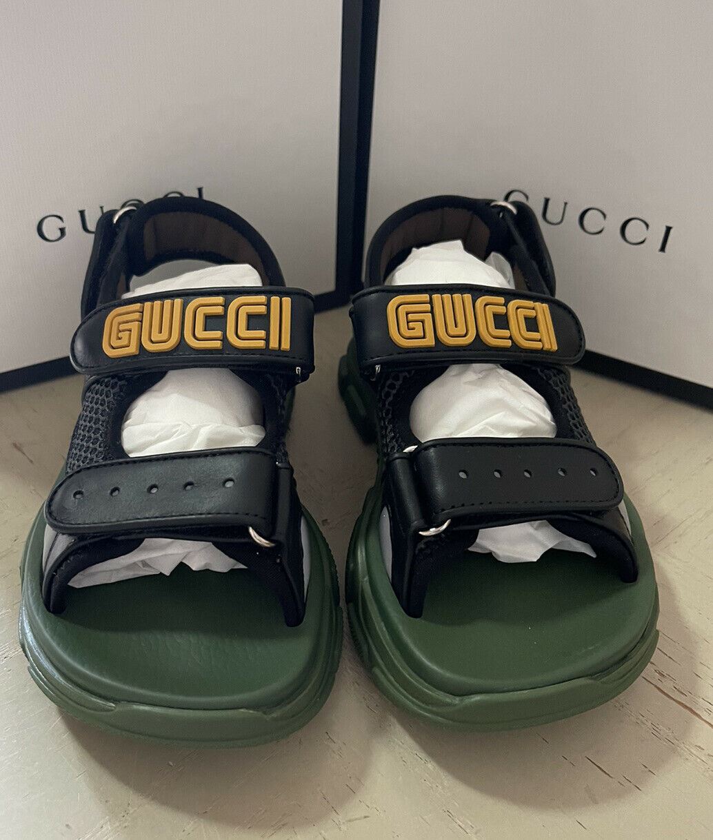 NIB $1100 Gucci Kids Leather Sandal Shoes Black/Green Size 31/13 US Age 6