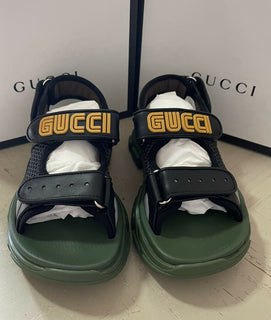 NIB $ 1100 Gucci Kinder-Leder-Sandalenschuhe Schwarz/Grün Größe 31/13 US Alter 6